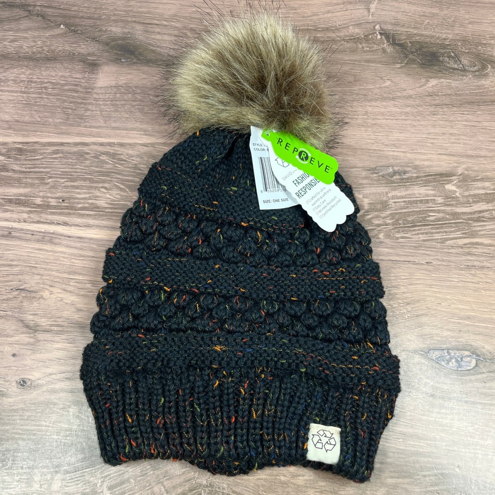 David and Young Repreve Beanie Womens Black Multi Confetti Knit Faux Fur Pom